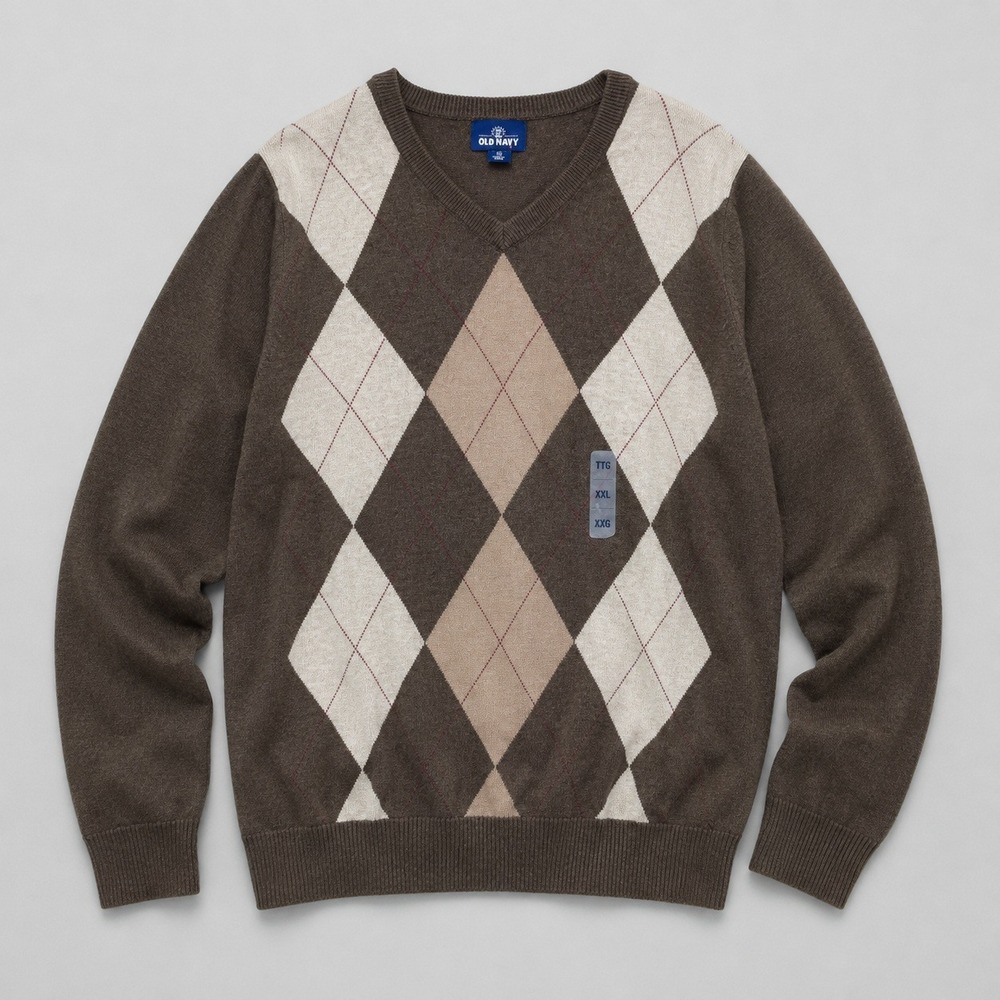 NWT Old Navy Argyle Sweater Mens XXL Brown V-Neck Pullover Preppy‎ Academia